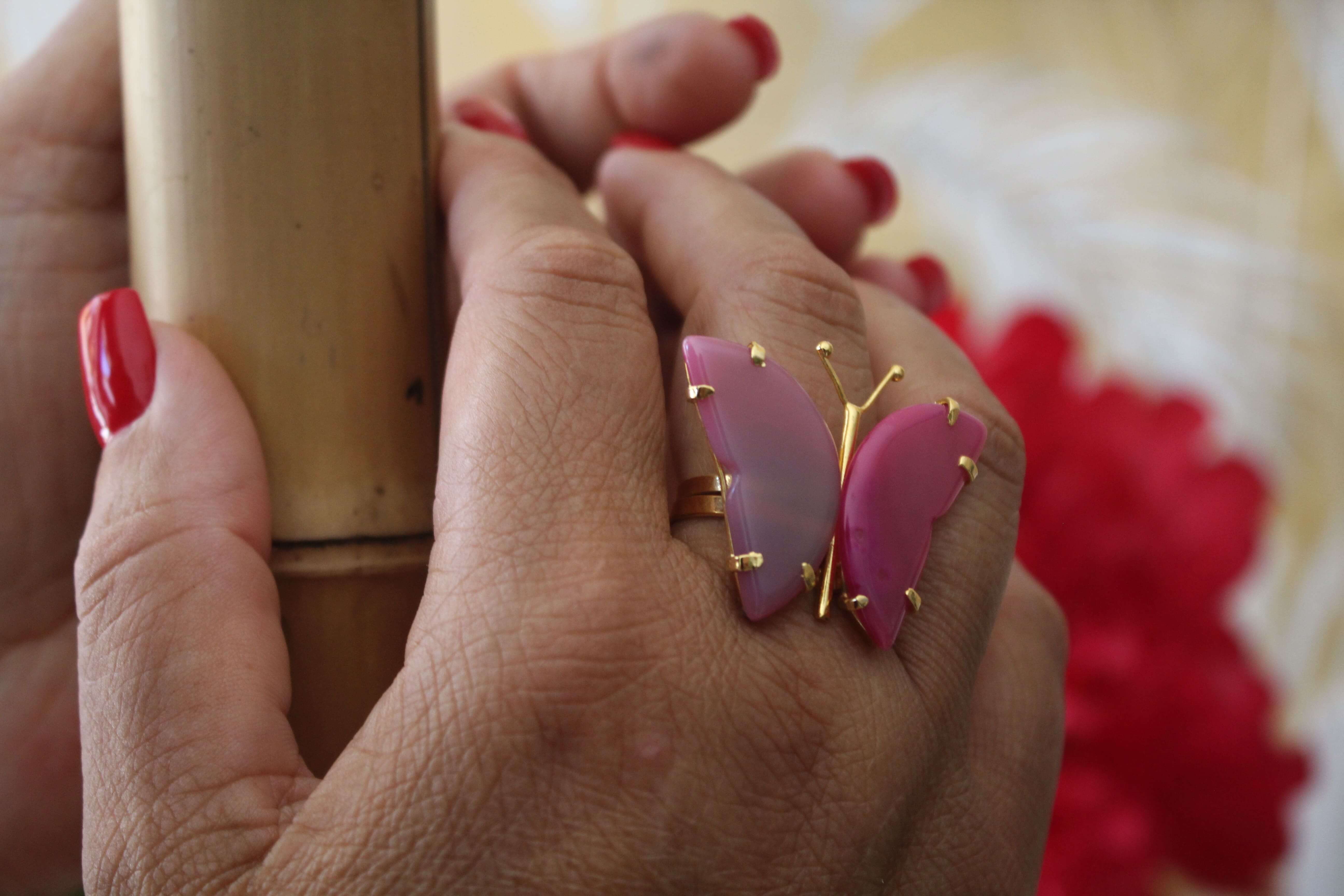 anillo de mariposa de ágata rosa